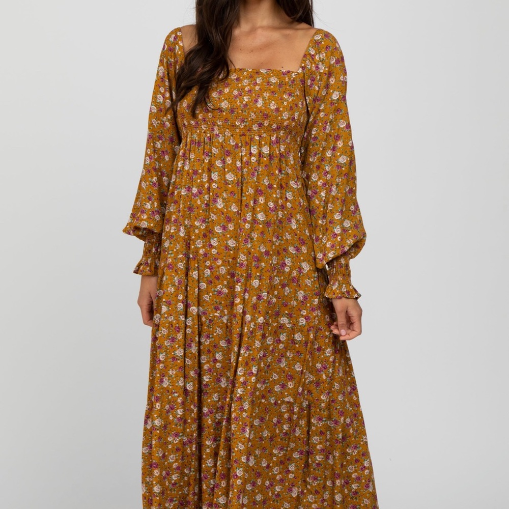 Pinkblush Mustard Floral Long Sleeve Smocked Maxi Dress